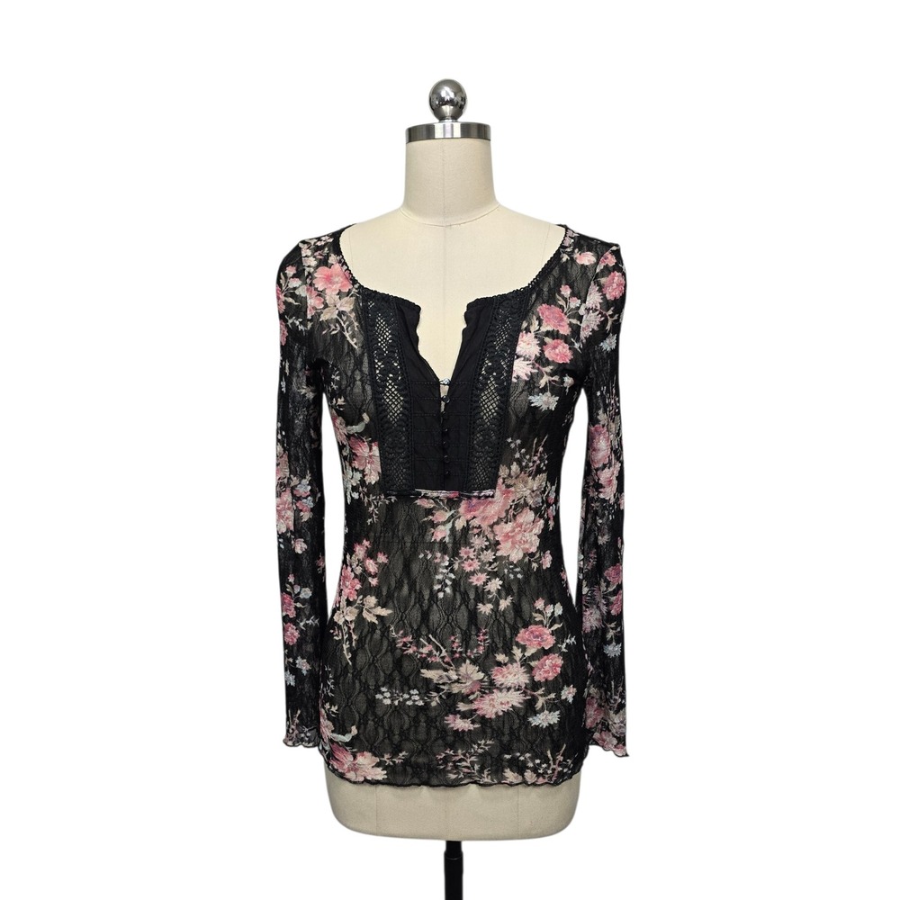 Denim & Supply Ralph Lauren Black Floral Lace Henley Top Long Sleeve Womens Med‎